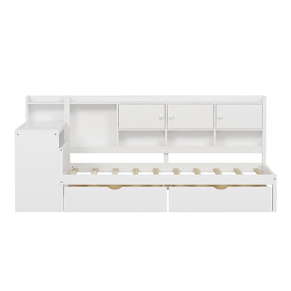 Twin Size L-Shape Daybed with Storage - White Wood Frame for Bedroom