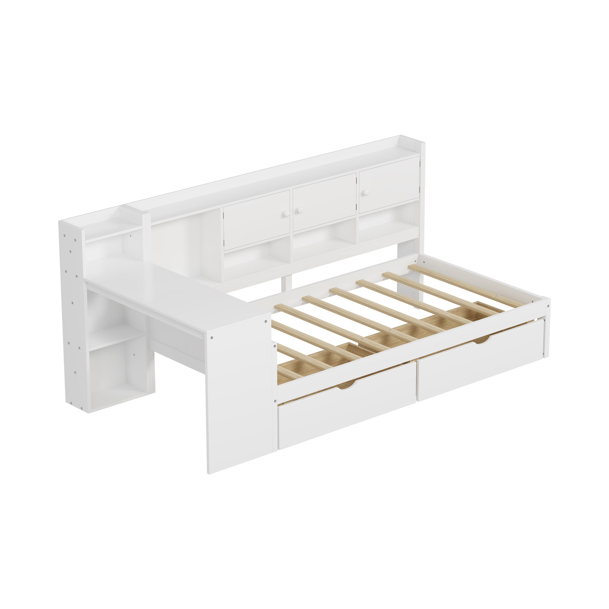 Twin Size L-Shape Daybed with Storage - White Wood Frame for Bedroom