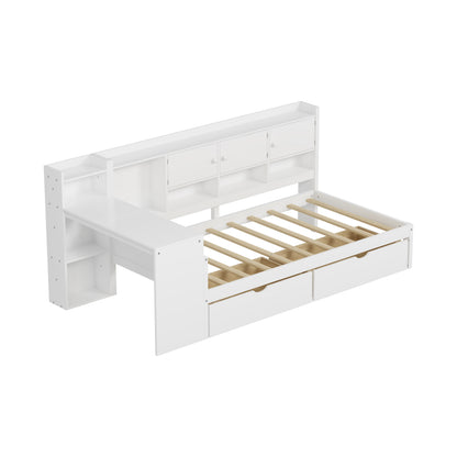 Twin Size L-Shape Daybed with Storage - White Wood Frame for Bedroom