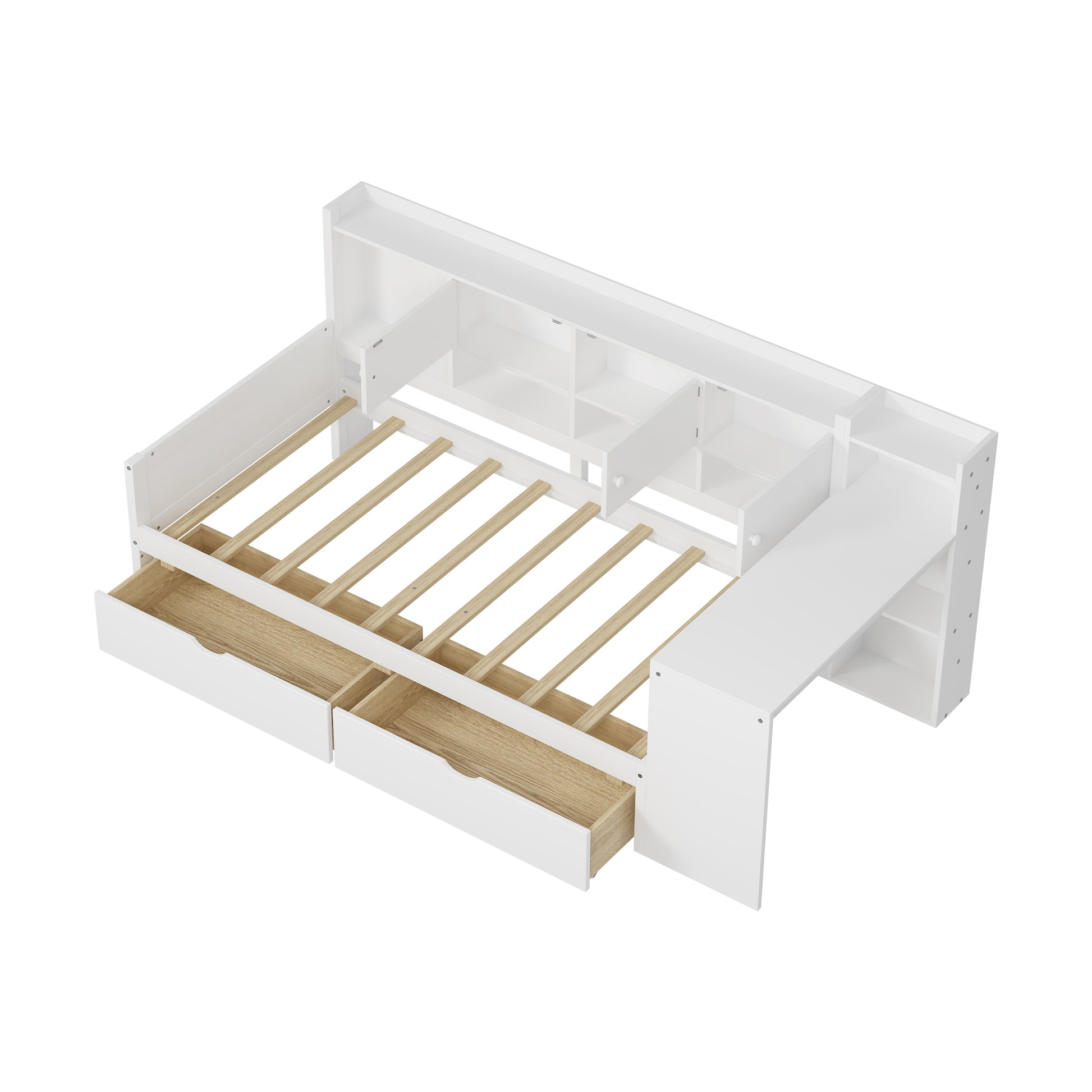 Twin Size L-Shape Daybed with Storage - White Wood Frame for Bedroom