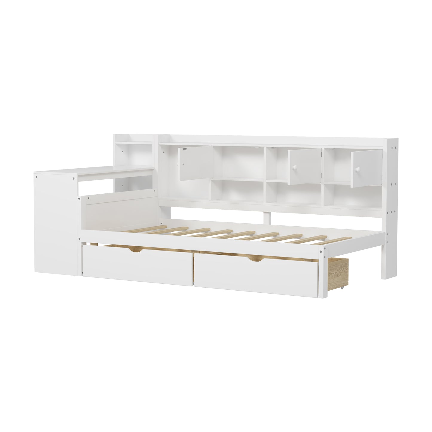 Twin Size L-Shape Daybed with Storage - White Wood Frame for Bedroom