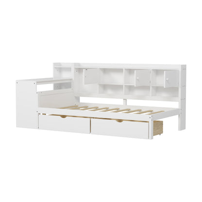 Twin Size L-Shape Daybed with Storage - White Wood Frame for Bedroom