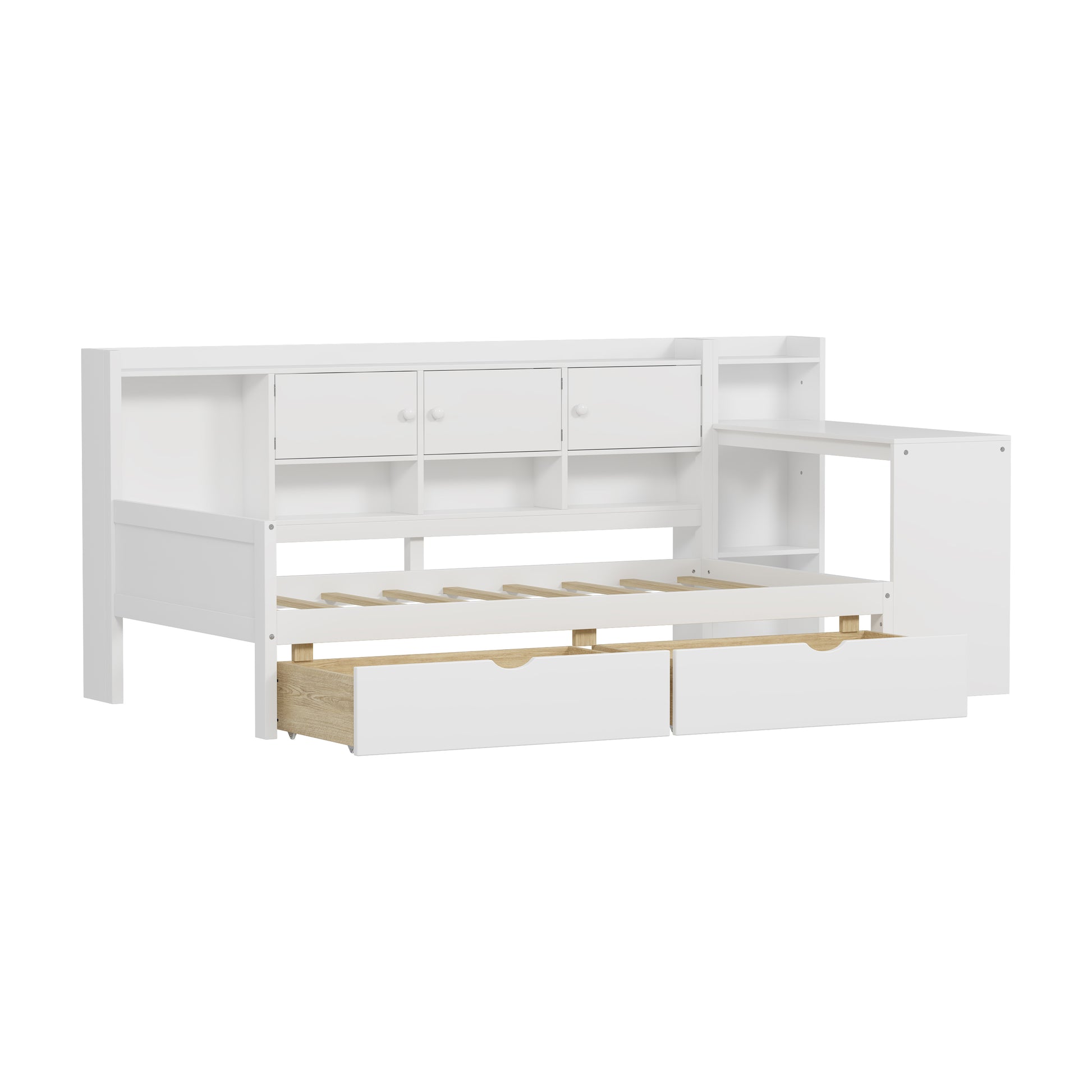 Twin Size L-Shape Daybed with Storage - White Wood Frame for Bedroom