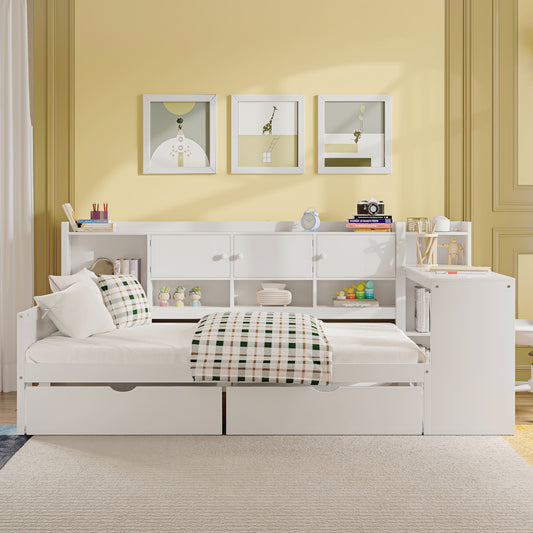 Wooden L-Shape Daybed with Seven Storage Cabinets and Two Storage Drawers, Multi-functional Bed with Study Desk and Built-in Bookshelf, White(Old SKU:N733S247070K)