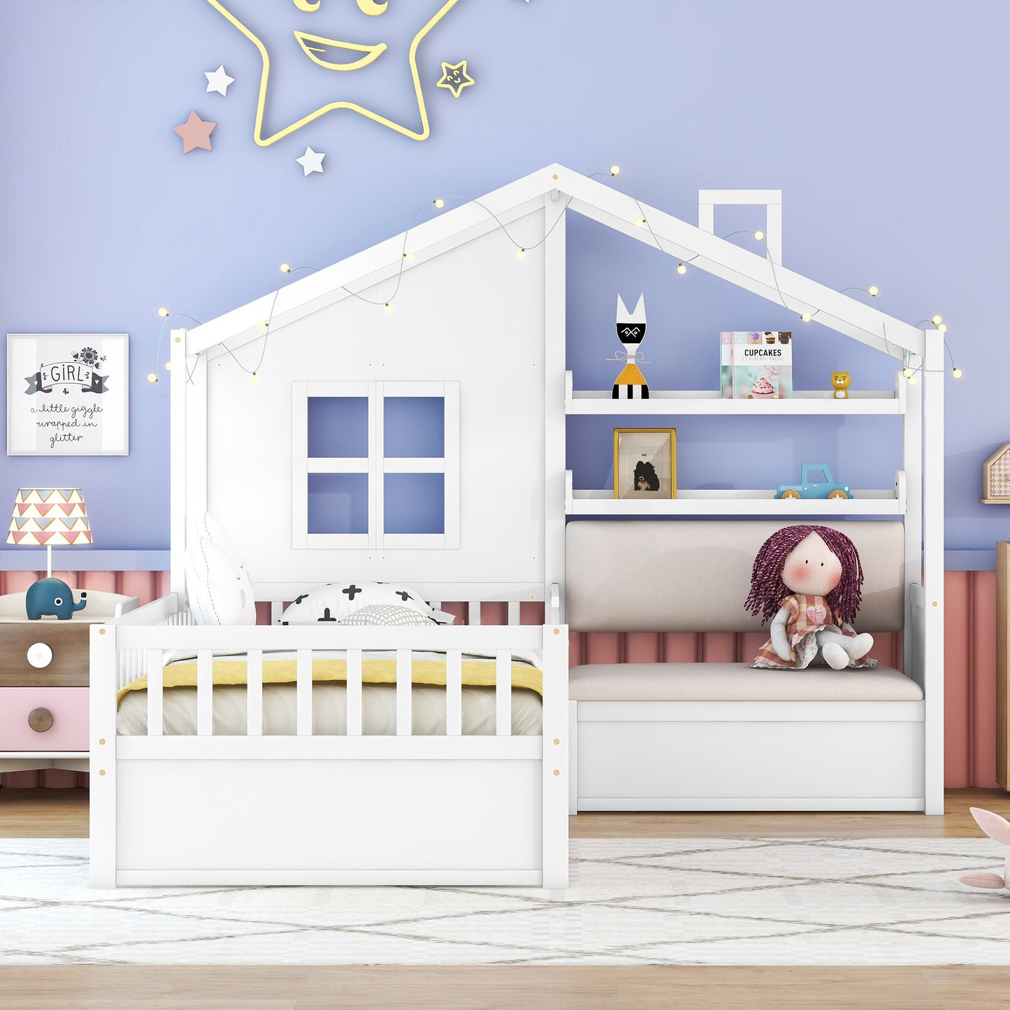 Twin Size House Bed with Sofa - Wood & White Platform Bed for Bedroom
