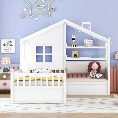 Twin Size House Bed with Sofa - Wood & White Platform Bed for Bedroom