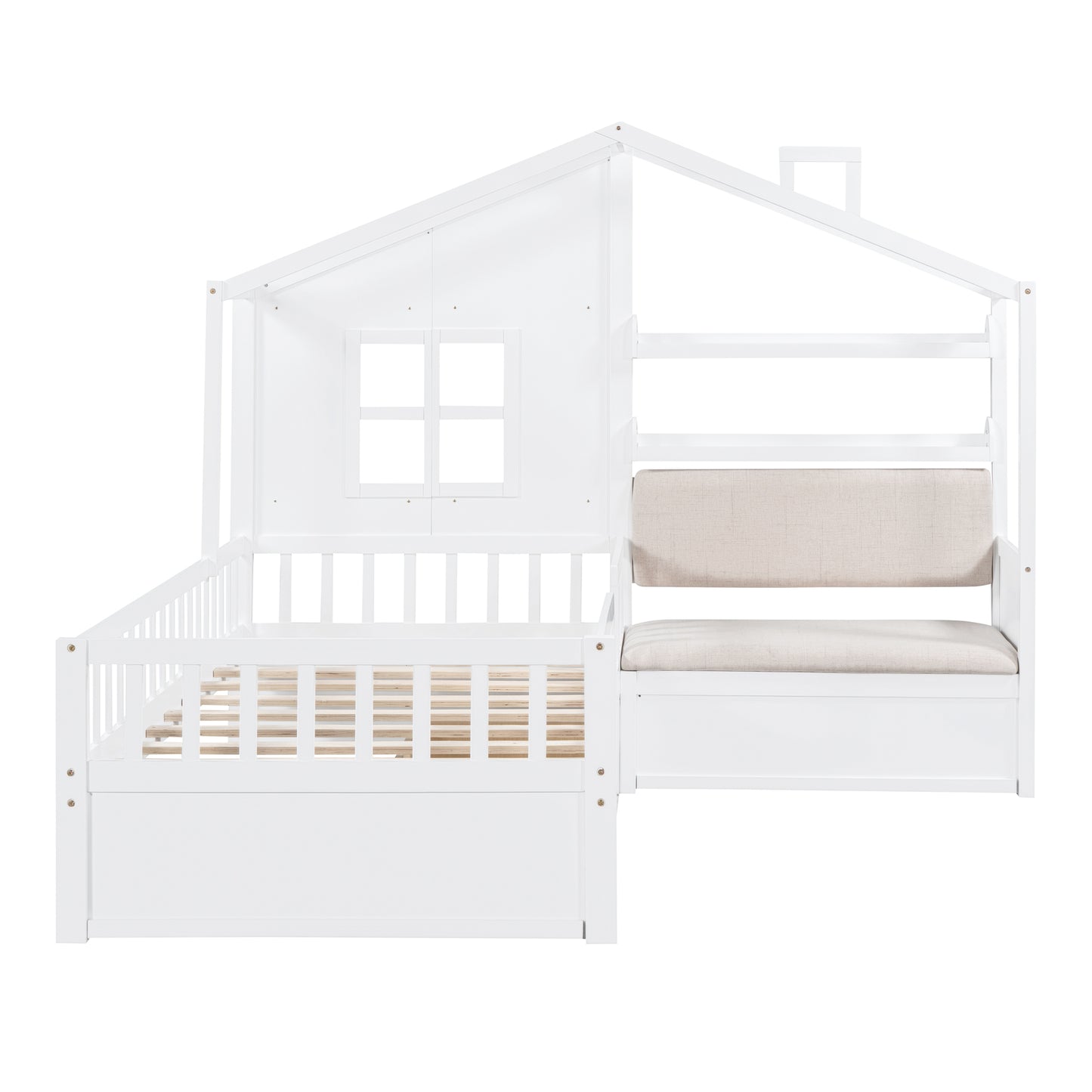 Twin Size House Bed with Sofa - Wood & White Platform Bed for Bedroom