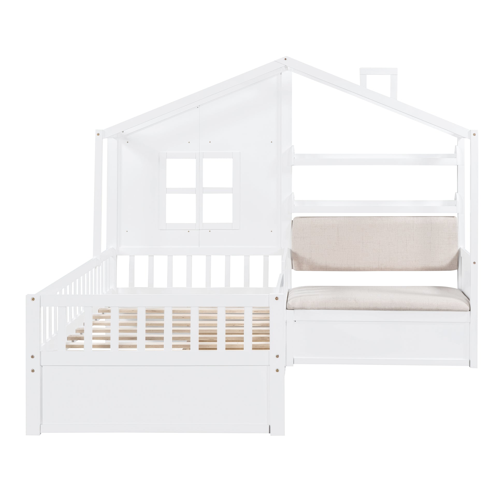 Twin Size House Bed with Sofa - Wood & White Platform Bed for Bedroom