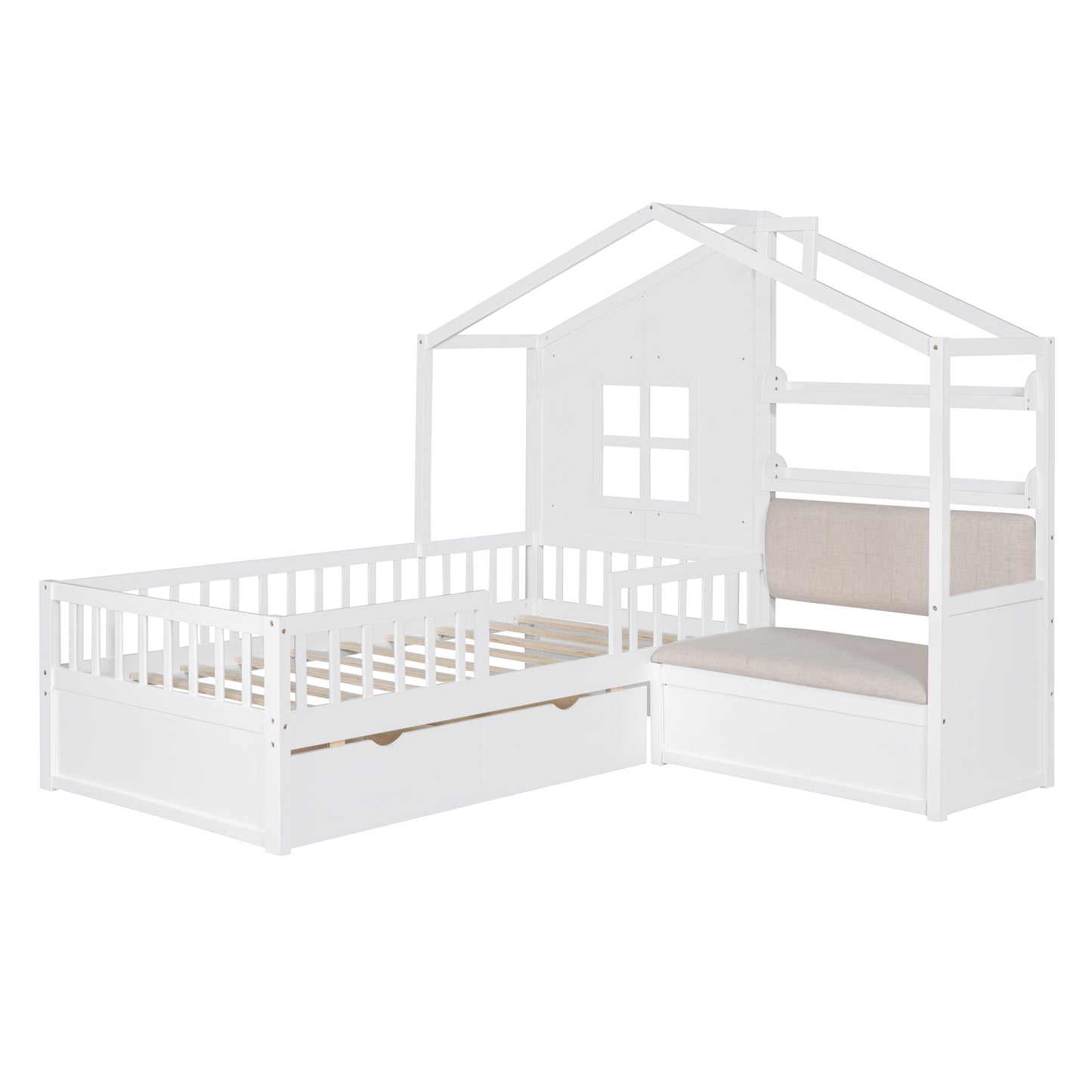 Twin Size House Bed with Sofa - Wood & White Platform Bed for Bedroom