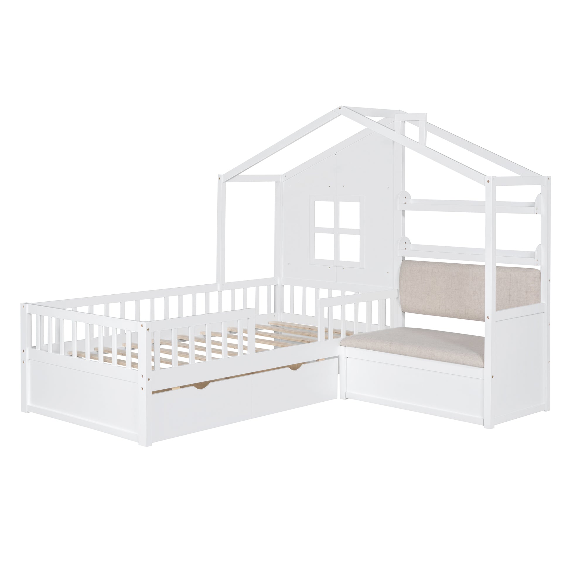 Twin Size House Bed with Sofa - Wood & White Platform Bed for Bedroom