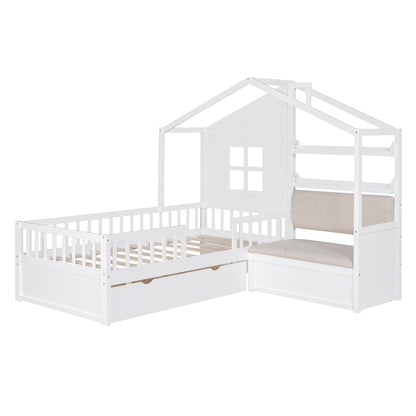Twin Size House Bed with Sofa - Wood & White Platform Bed for Bedroom