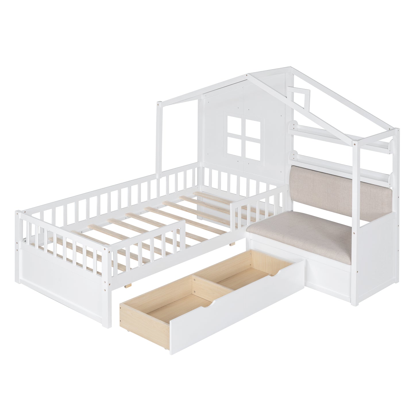 Twin Size House Bed with Sofa - Wood & White Platform Bed for Bedroom