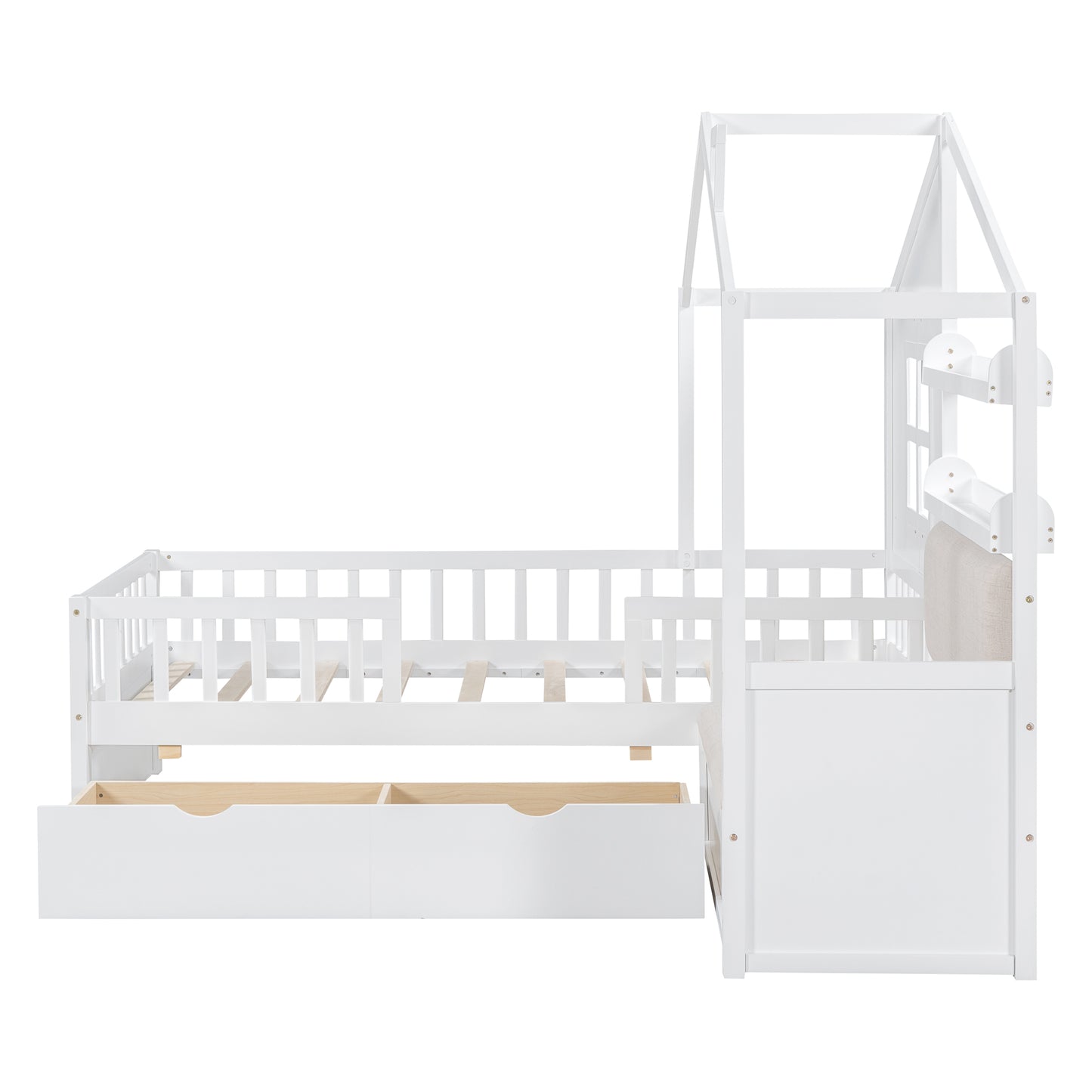 Twin Size House Bed with Sofa - Wood & White Platform Bed for Bedroom