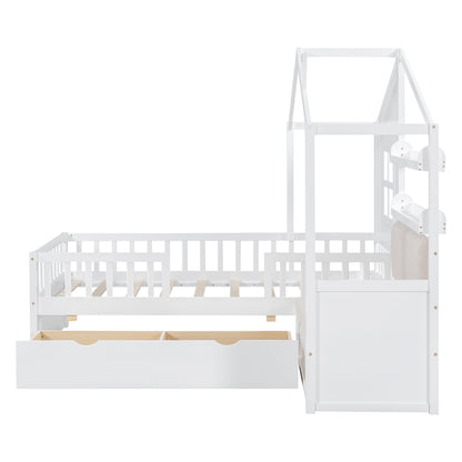 Twin Size House Bed with Sofa - Wood & White Platform Bed for Bedroom
