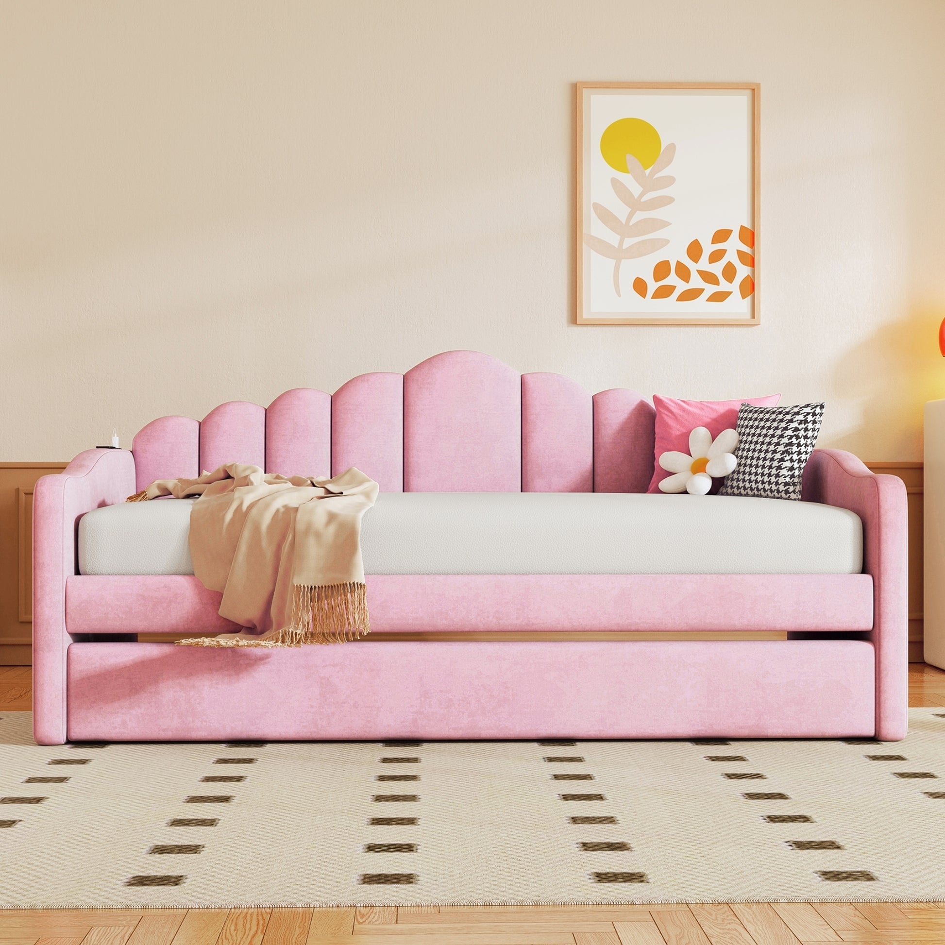 Twin Velvet Sofabed with Trundle - Pink USB Charging Ports, No Box Needed for Bedroom