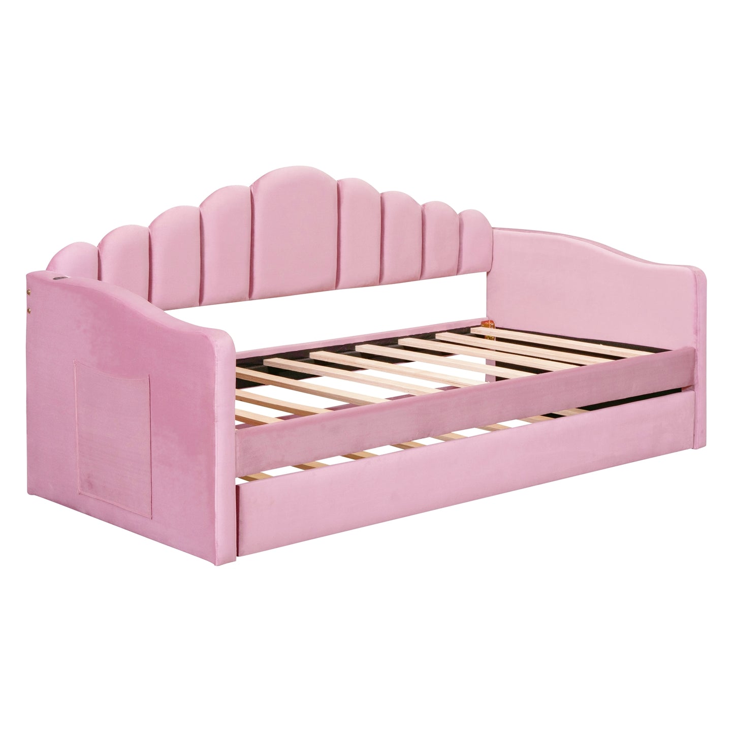Twin Velvet Sofabed with Trundle - Pink USB Charging Ports, No Box Needed for Bedroom