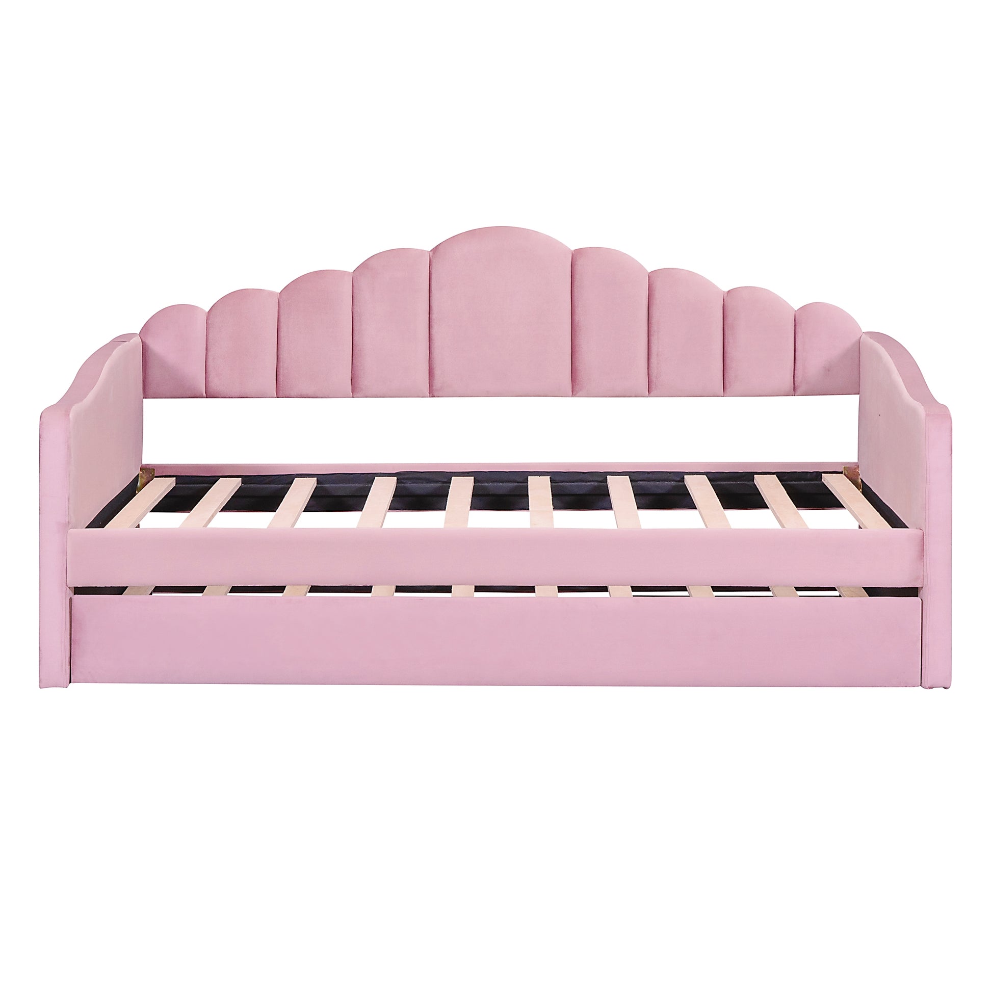 Twin Velvet Sofabed with Trundle - Pink USB Charging Ports, No Box Needed for Bedroom
