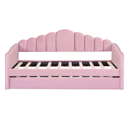 Twin Velvet Sofabed with Trundle - Pink USB Charging Ports, No Box Needed for Bedroom