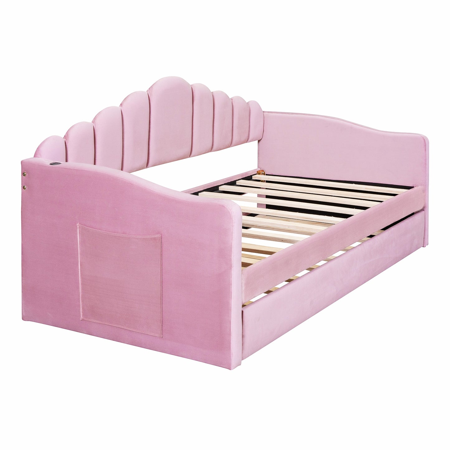 Twin Velvet Sofabed with Trundle - Pink USB Charging Ports, No Box Needed for Bedroom