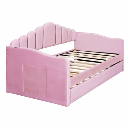 Twin Velvet Sofabed with Trundle - Pink USB Charging Ports, No Box Needed for Bedroom