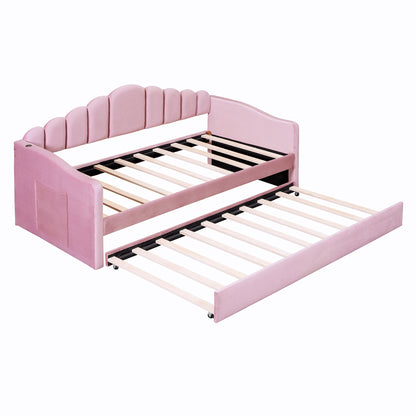 Twin Velvet Sofabed with Trundle - Pink USB Charging Ports, No Box Needed for Bedroom