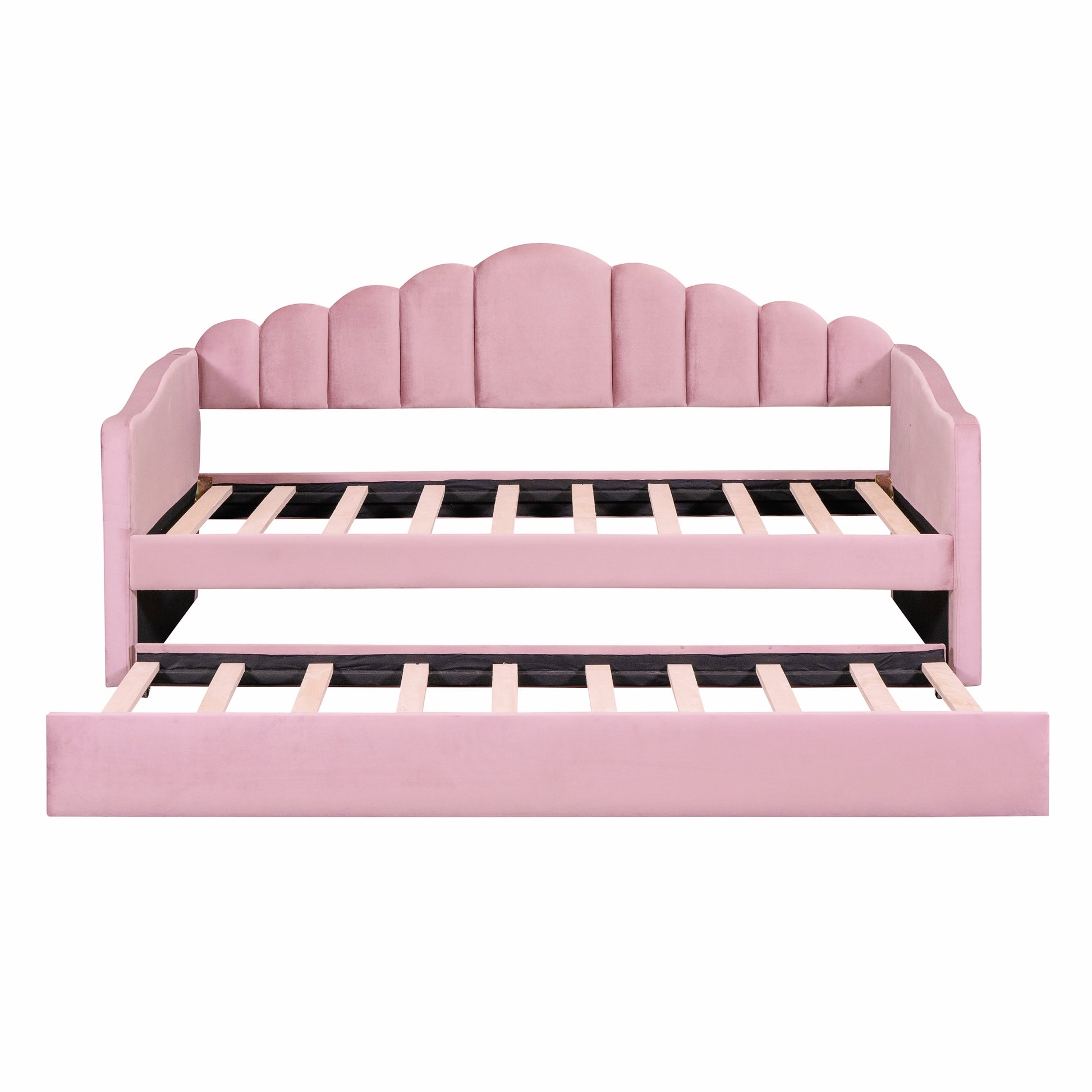 Twin Velvet Sofabed with Trundle - Pink USB Charging Ports, No Box Needed for Bedroom