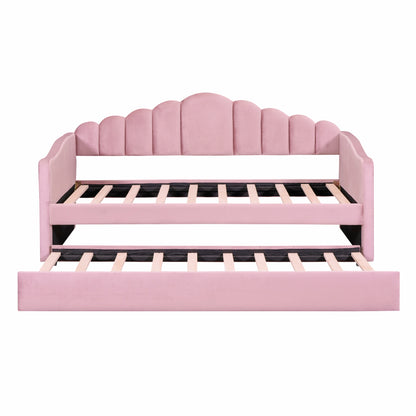 Twin Velvet Sofabed with Trundle - Pink USB Charging Ports, No Box Needed for Bedroom