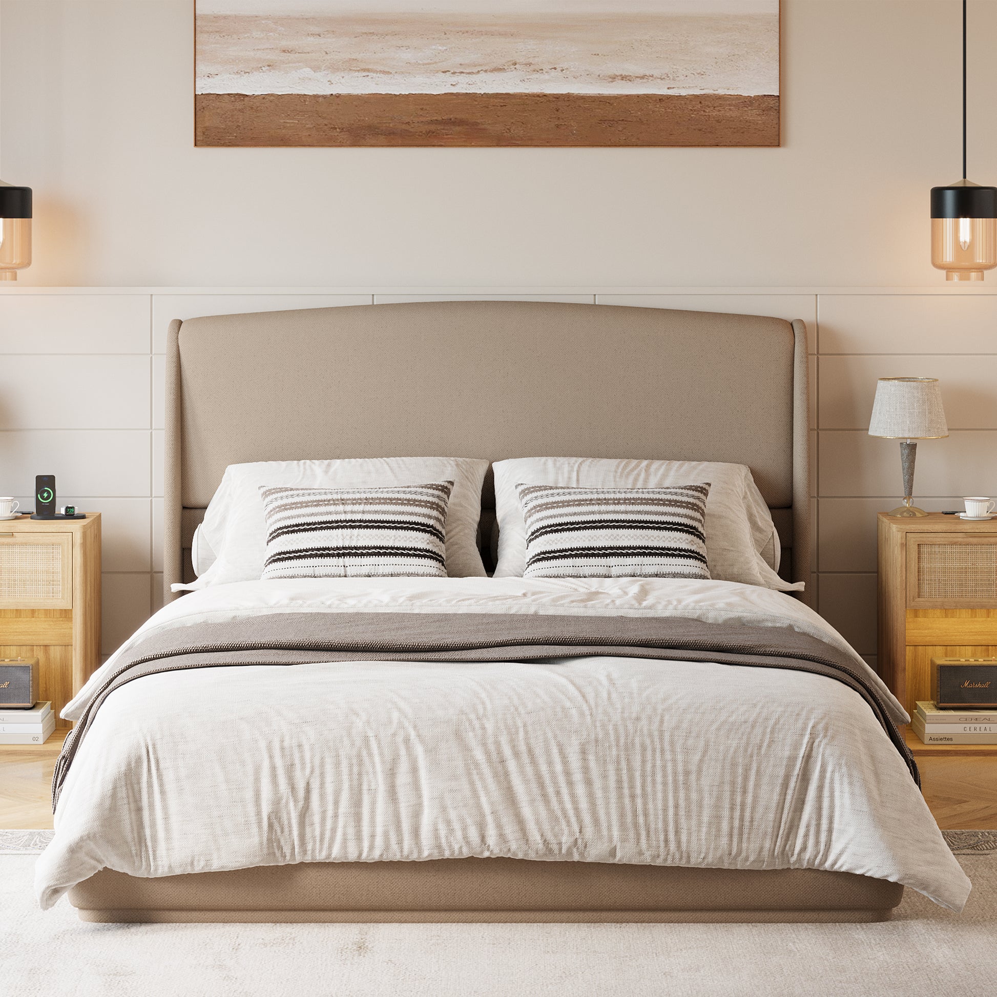 Queen Linen Wingback Bed Frame – Brown Low Profile Platform Bed