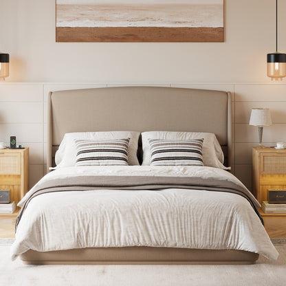 Queen Linen Wingback Bed Frame – Brown Low Profile Platform Bed