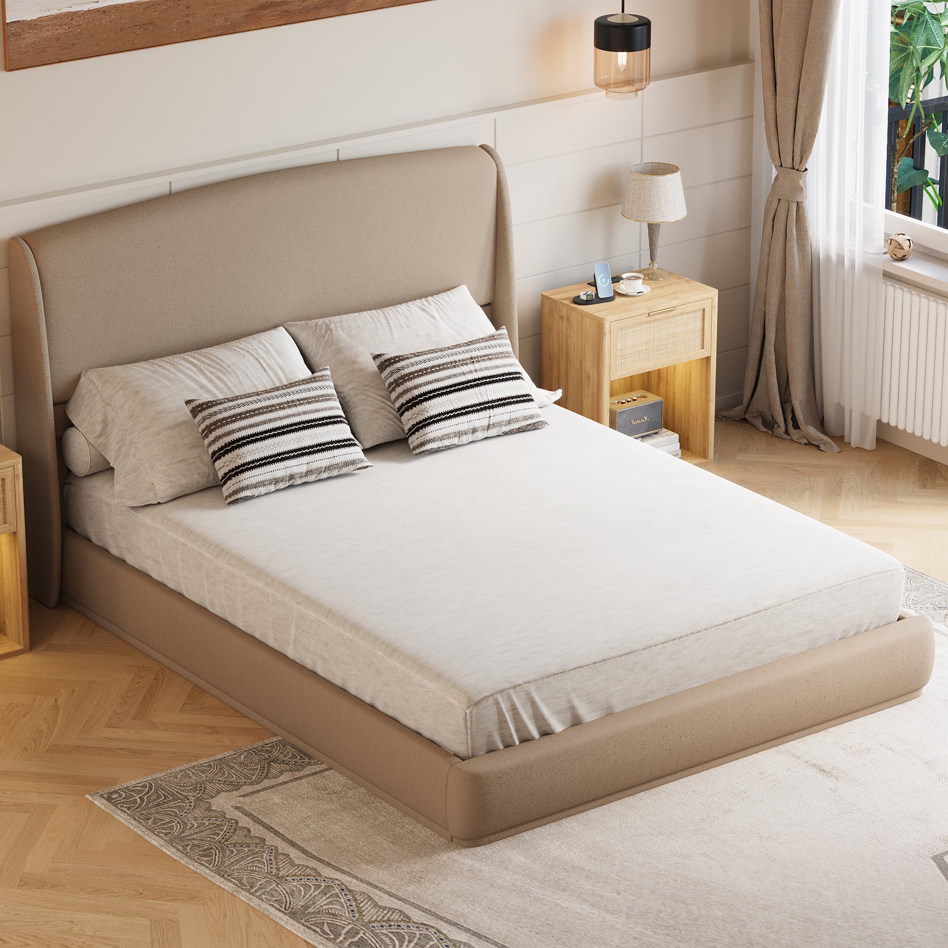 Queen Linen Wingback Bed Frame – Brown Low Profile Platform Bed