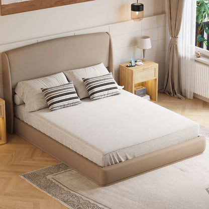 Queen Linen Wingback Bed Frame – Brown Low Profile Platform Bed