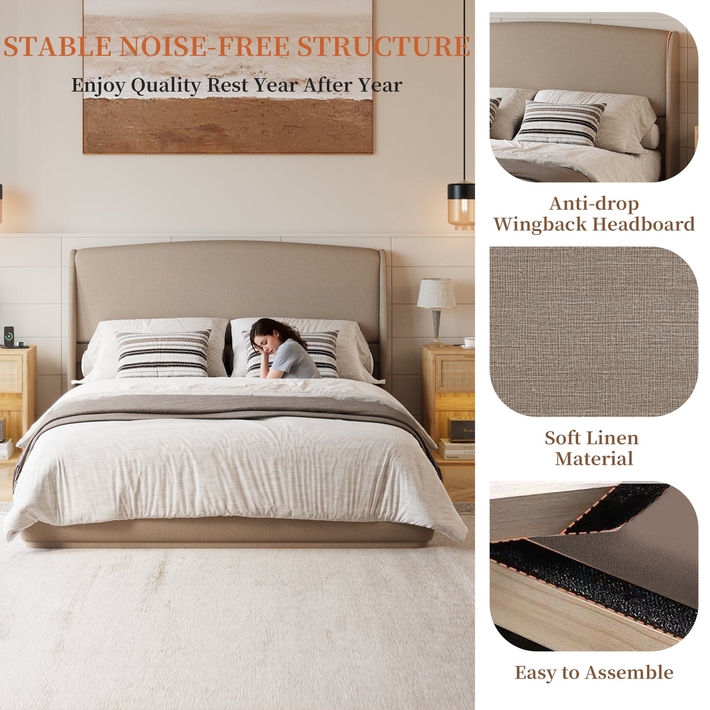 Queen Linen Wingback Bed Frame – Brown Low Profile Platform Bed