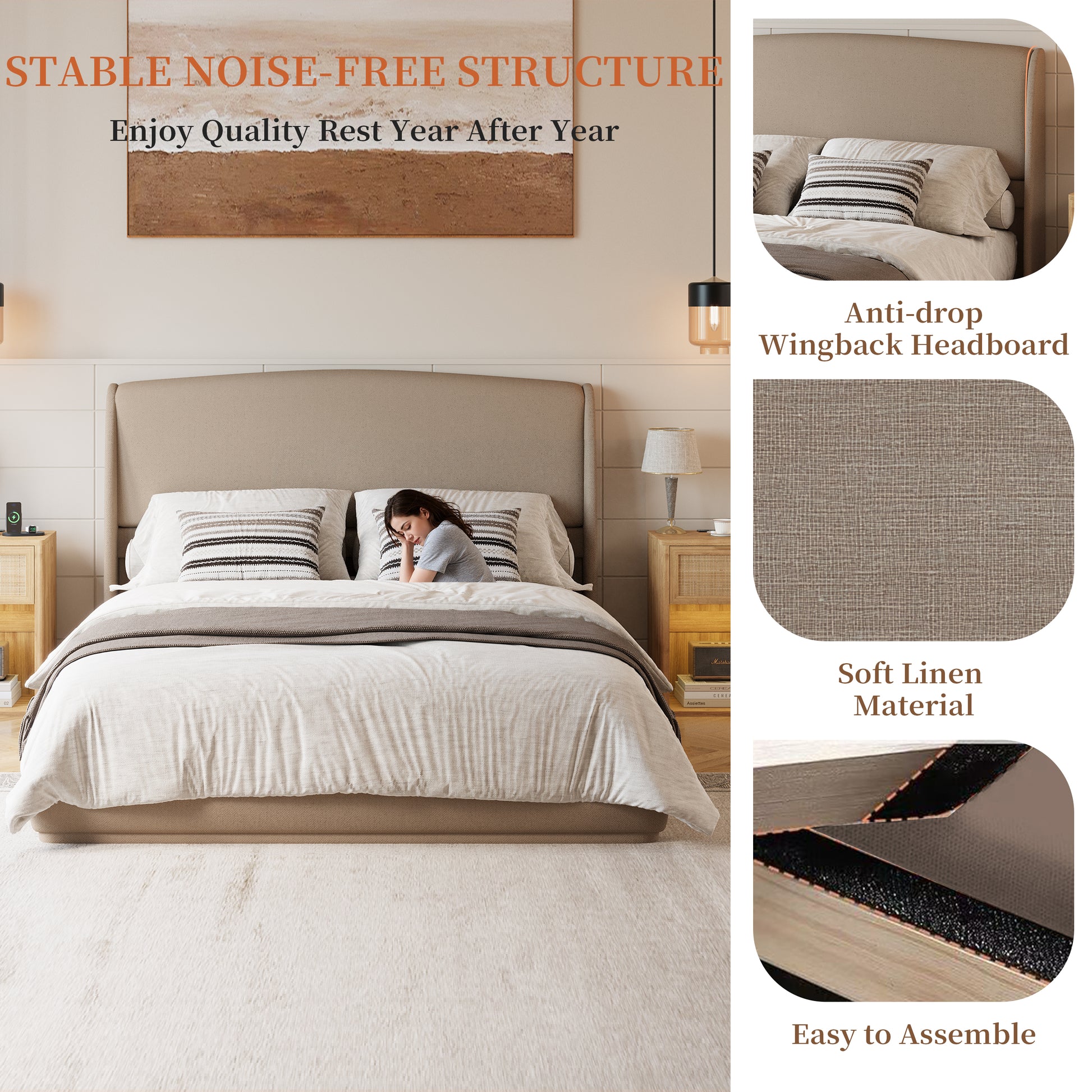 Queen Linen Wingback Bed Frame – Brown Low Profile Platform Bed