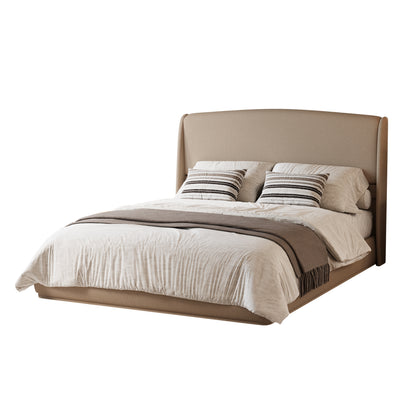 Queen Linen Wingback Bed Frame – Brown Low Profile Platform Bed