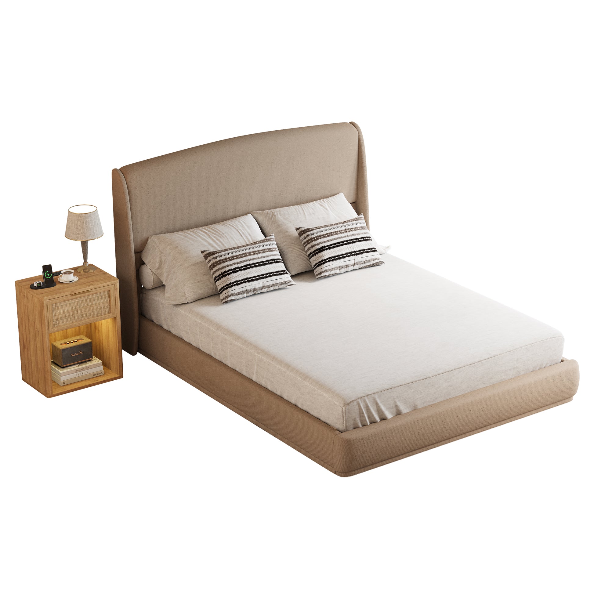 Queen Linen Wingback Bed Frame – Brown Low Profile Platform Bed