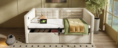 Twin Size Velvet Sofa Bed with Storage - Beige