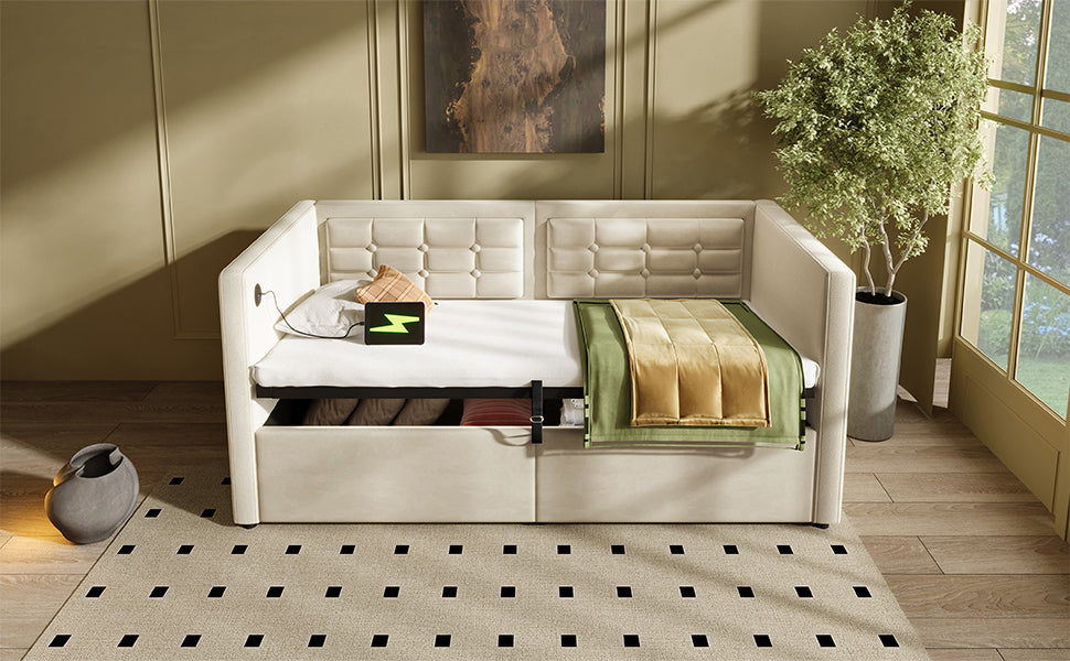 Twin Size Velvet Sofa Bed with Storage - Beige