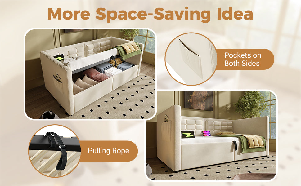 Twin Size Velvet Sofa Bed with Storage - Beige