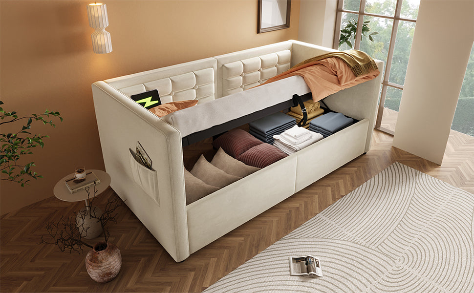 Twin Size Velvet Sofa Bed with Storage - Beige