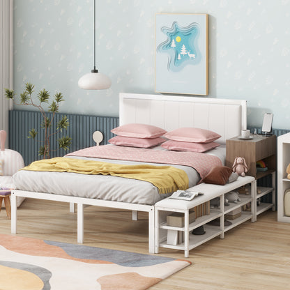 Full size Metal Platform Bed with Two-Tier Storage Shelves, Wooden Storage Cabinet, White