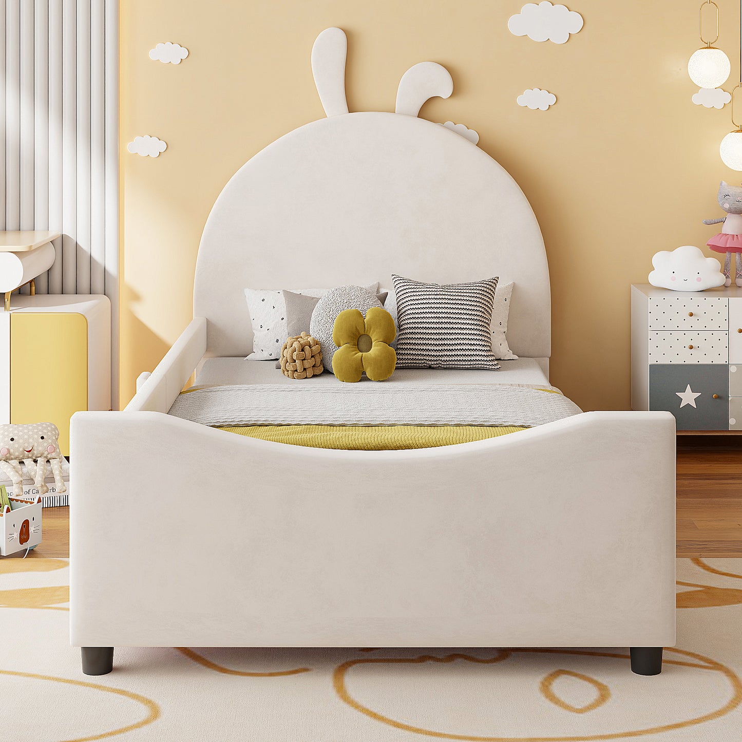 Upholstered Daybed - Beige Velvet Rabbit Ear Headboard (Twin)
