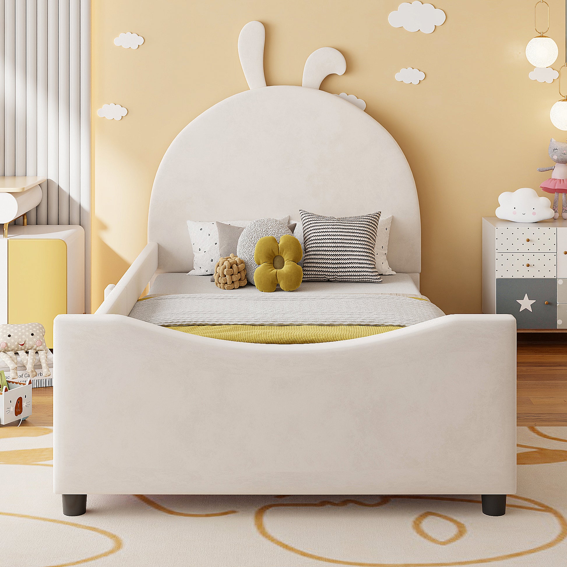 Upholstered Daybed - Beige Velvet Rabbit Ear Headboard (Twin)