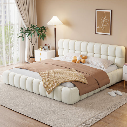 King Size Upholstered Platform Bed with Thick Fabric, Grounded Bed with Solid Frame, Beige