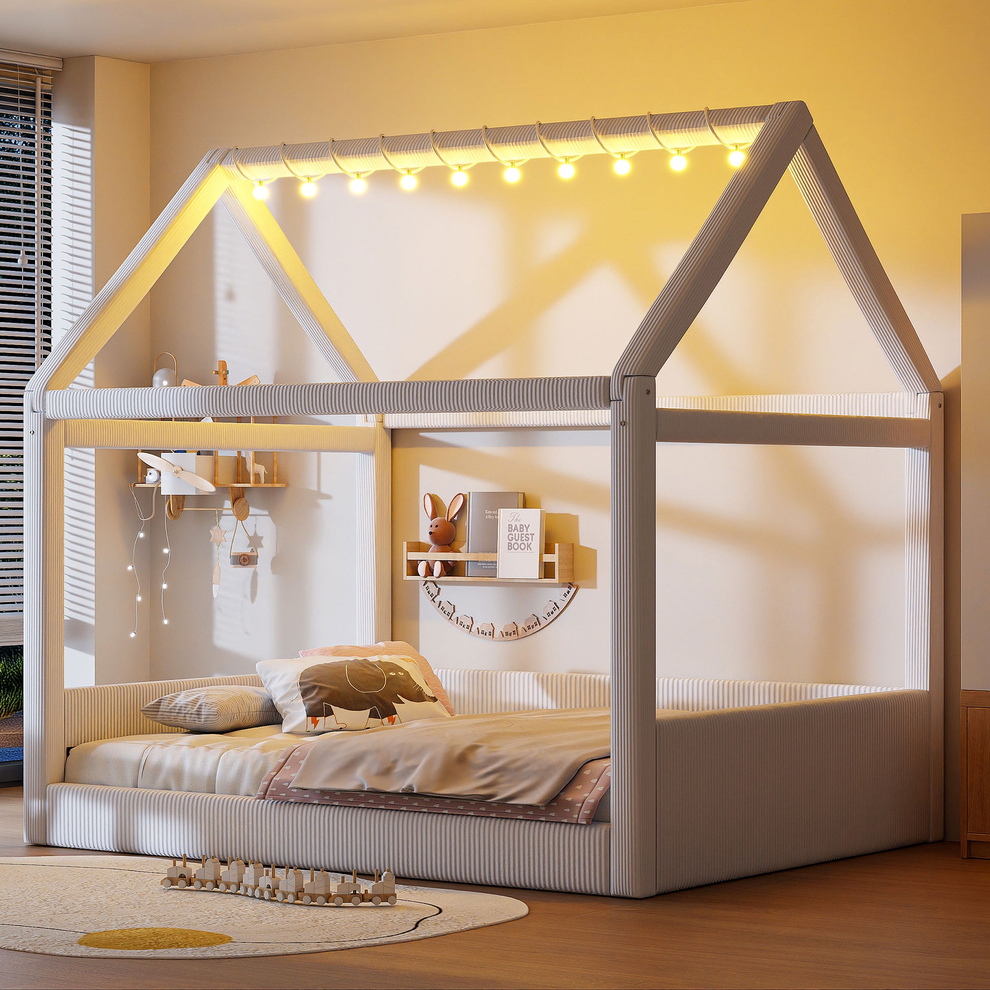 Full Size Upholstered House Daybed with LED Light Strips,Beige