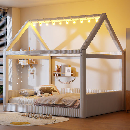 Full Size Upholstered House Daybed with LED Light Strips,Beige