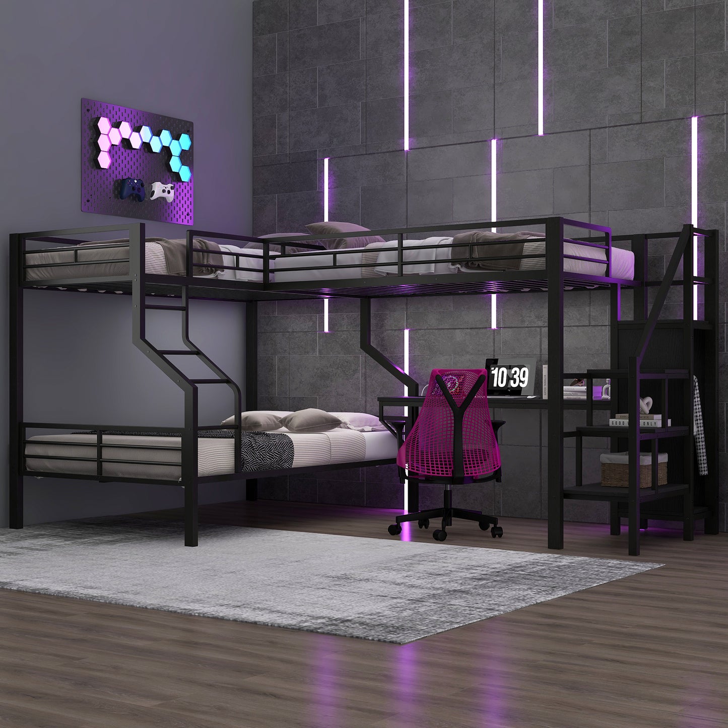 Black Metal Bunk Bed with Built-In Wardrobe and Desk for Bedroom