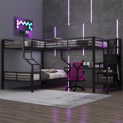 Black Metal Bunk Bed with Built-In Wardrobe and Desk for Bedroom