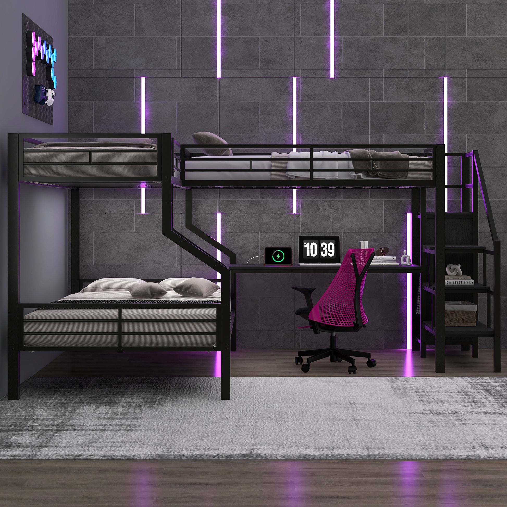 Black Metal Bunk Bed with Built-In Wardrobe and Desk for Bedroom
