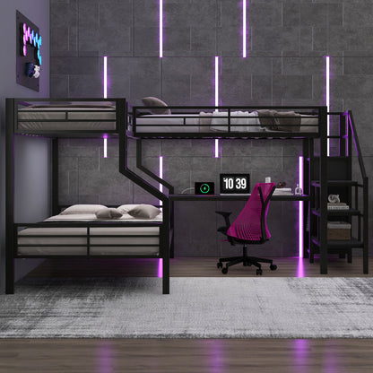 Black Metal Bunk Bed with Built-In Wardrobe and Desk for Bedroom