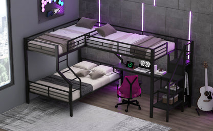 Black Metal Bunk Bed with Built-In Wardrobe and Desk for Bedroom